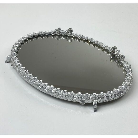 Vtg Sam Fink Vanity Tray Mirror Silver Tone Oval Cherubs Flowers Harp Feet CO126 - Picture 2 of 10